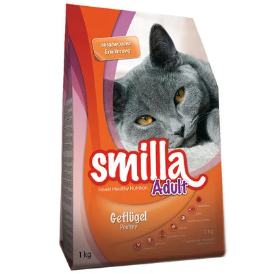 Smilla Adult Geflügel Poultry -kuivaruokapakkaus, harmaa kissa kannessa, paino 1 kg. Teksti: ausgwogene Ernährung, Finest Healthy Nutrition, erityisesti aikuisille kissoille.