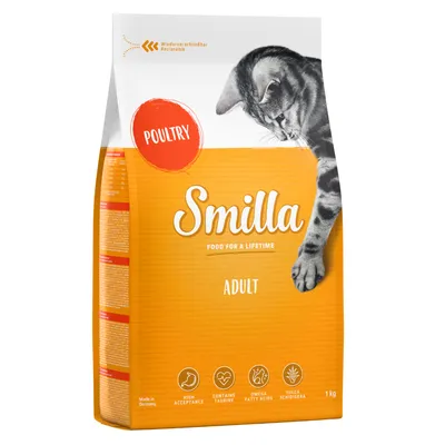 Sac de croquettes pour chat Smilla Adult, saveur poultry, 1 kg. Texte visible : Food for a lifetime, high acceptance, contains taurine, omega fatty acids, yucca schidigera. Fabriqué en Allemagne.