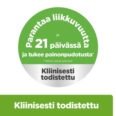 Parantaa liikkuvuutta 21 päivässä ja tukee painonpudotusta. Kliinisesti todistettu. Hill’sin sisäiset tiedot. Parantaa liikkuvuutta 21 päivässä ja tukee painonpudotusta. Kliinisesti todistettu. Hill’sin sisäiset tiedot.
