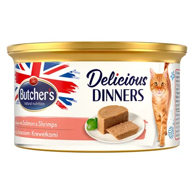 Butcher's Delicious Dinners, wet food with salmon and shrimp. Shown: product in slices on plate, British flag and cat visible.