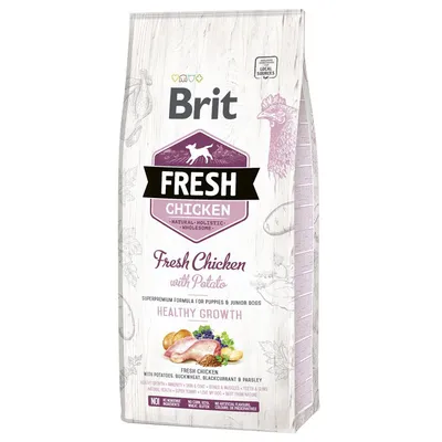 Brit Fresh Chicken with Potato, superpremium formula for puppies & junior dogs, healthy growth. Z kurczakiem, ziemniakami, gryką, czarną porzeczką i pietruszką. Bez kukurydzy, soi, GMO.