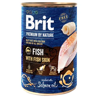 Brit Premium by Nature Fish with Fish Skin, angereichert mit Lachsöl, GMO-frei, Soja-frei, für alle Lebensphasen, gesunde Haut und glänzendes Fell, ausgezeichnete Verdaulichkeit.