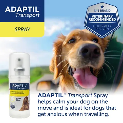 ADAPTIL Transport Spray comforts your dog in stressful situations, helps calm on the move, ideal for dogs that get anxious when travelling. Veterinary recommended, clinically proven.