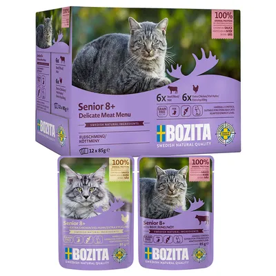 Bozita Senior 8+ Delicate Meat Menu, köttmeny med nötkött och kyckling, 12x85g, 100% animaliskt protein, spannmålsfri, svensk kvalitet, för äldre katter. Hårbollskontroll.