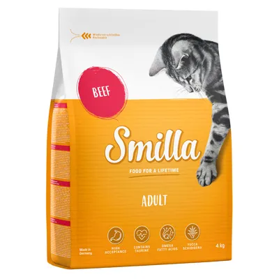 Sac de croquettes Smilla Beef Adult 4 kg, texte visible : Food for a lifetime, High acceptance, Contains taurine, Omega fatty acids, Yucca schidigera, Made in Germany.