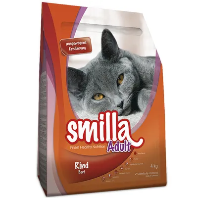 Smilla Adult kattenvoer rund, 4 kg. Tekst op verpakking: 'ausgewogene Ernährung', 'Finest Healthy Nutrition', 'Rind Beef'. Afbeelding van een grijze kat op de voorkant.