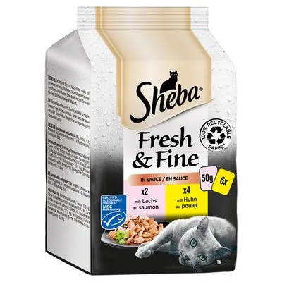 Sheba Fresh & Fine kattenvoer in saus, 6x50g, 2x zalm, 4x kip. 100% recyclebaar papier. MSC-keurmerk zichtbaar op verpakking.