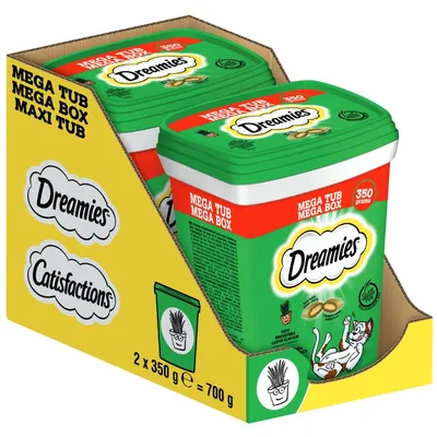 Dreamies Mega Tub, 2 x 350g packs, total 700g. Product packaging shows crunchy treats with cream flavour. Text includes 'Mega Tub', '350 grams' and 'Catisfactions'.