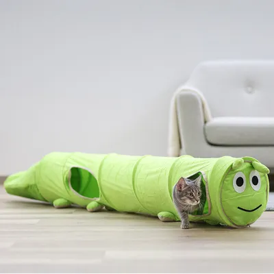 Grüner Spieltunnel in Raupenform mit Öffnungen, Katze schaut aus einer Öffnung heraus. Geeignet für Haustierspiel und Versteckmöglichkeiten.