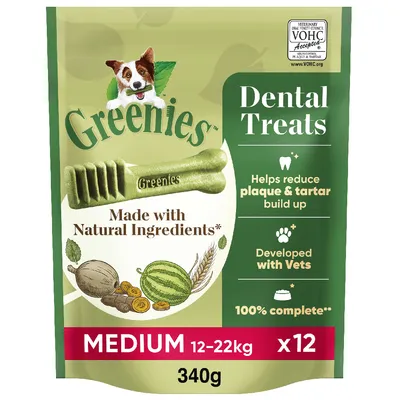 Dental treats made with natural ingredients, helps reduce plaque and tartar, developed with vets, 100% complete. Medium size for 12-22kg, pack of 12, 340g.