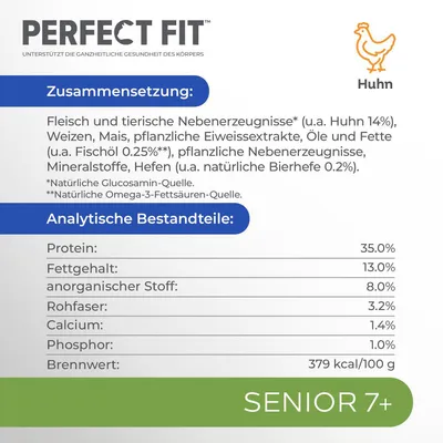 Perfect Fit Senior 7+ Huhn. Zusammensetzung: Fleisch und tierische Nebenerzeugnisse, pflanzliche Eiweissextrakte, Öle, Fette. Analytische Bestandteile: Protein 35%, Fettgehalt 13%, Brennwert 379 kcal/100g.