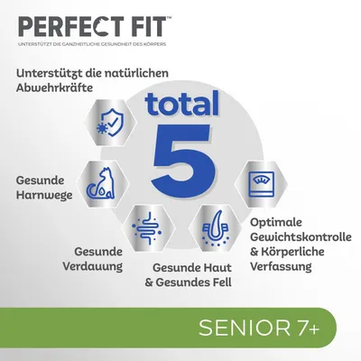 Perfect Fit Total 5: Unterstützt natürliche Abwehrkräfte, gesunde Harnwege, Verdauung, Haut & Fell sowie optimale Gewichtskontrolle. Geeignet für Senior 7+.