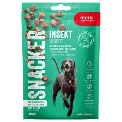 Mera Snacke Insekt hondensnacks, 200 g. Voor gevoelige honden, zacht en sappig. Zonder granen, zonder toegevoegde suiker, met insecteneiwit. Tekst deels in het Duits en Engels.