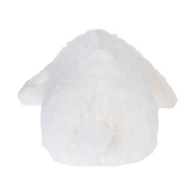 Weisses, flauschiges Plüschspielzeug in Form eines Schafes, Rückansicht sichtbar.