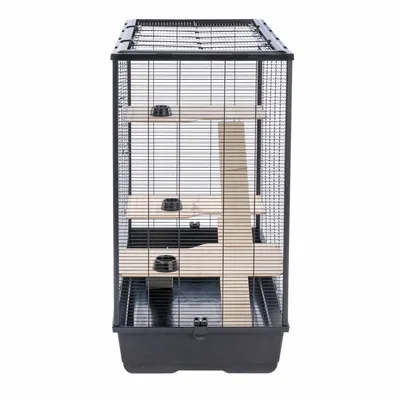 Small animal cage with three wooden platforms, ramps and feeding bowls. Metal grid walls and plastic base for easy cleaning.