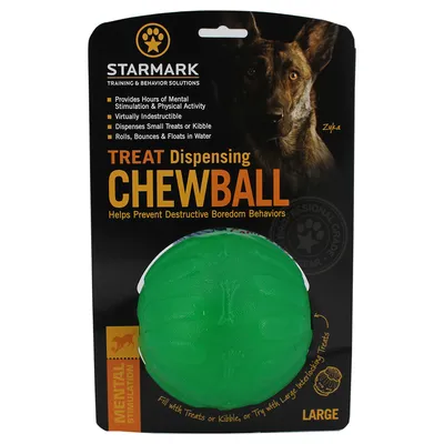 Starmark Treat Dispensing Chewball, veľký. Takmer nezničiteľný, vydáva malé maškrty alebo suché krmivo, kotúľa sa, skáče a pláva vo vode. Na mentálnu stimuláciu a aktivitu.