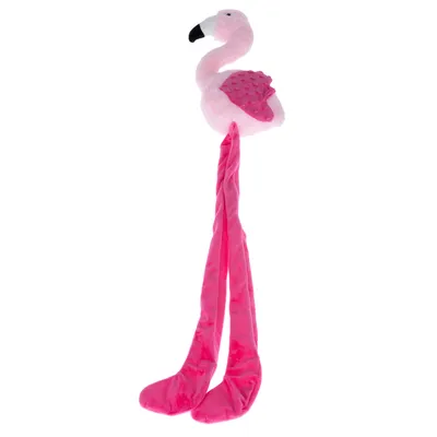 Pluszowa zabawka w kształcie różowego flaminga z długimi nogami i skrzydłami w kropki.