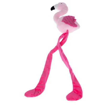 Pluszowa zabawka w kształcie różowego flaminga z długimi nogami i skrzydłami w kropki.