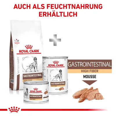Royal Canin Gastrointestinal High Fiber, erhältlich als Trocken- und Feuchtnahrung. Abgebildet: Futterbeutel, Dosen und Mousse.