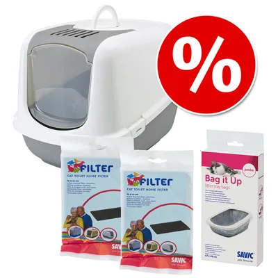 Kattenbak met deksel, 2 verpakkingen Savic Cat Toilet Home Filter en een doos Savic Bag it Up jumbo kattenbakszakken, kortingssymbool zichtbaar.
