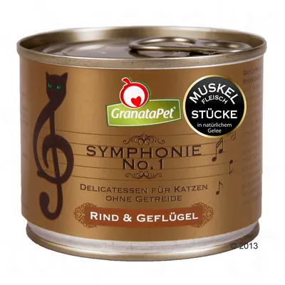 Lata de comida para gatos GranataPet Symphonie No.1, Rind & Geflügel. Texto visible en alemán: Delicatessen für Katzen ohne Getreide, MUSKEL FLEISCH STÜCKE in natürlichem Gelee.