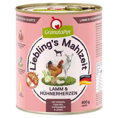GranataPet Lieblings Mahlzeit jagnięcina i serca kurczaka, 800g, z groszkiem, koprem włoskim, topinamburem i olejem lnianym. Wyprodukowano w Niemczech, bez zbóż.