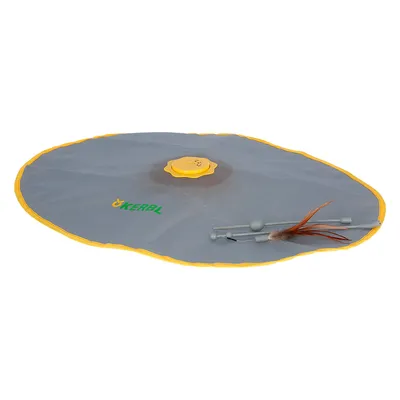 Kerbl play mat with yellow border, grey surface and integrated toy with feather attachment.