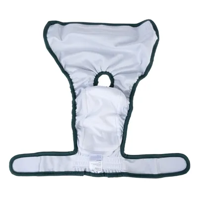 Pannolino per cani bianco, lavabile, con bordo verde e foro elastico per la coda. Chiusura a strappo laterale per la regolazione.