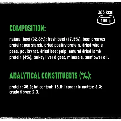 Composition: natural beef 32.8%, fresh beef 17.5%, beef greaves protein, pea starch, dried poultry protein, peas, lamb protein 4%. Protein 36%, fat 15.5%, fibre 2.3%. 386 kcal per 100g.