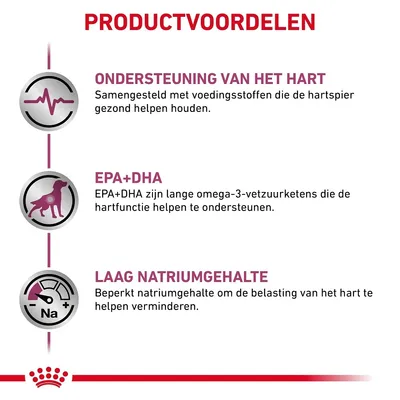 Productvoordelen: ondersteuning van het hart, EPA+DHA voor hartfunctie, laag natriumgehalte om belasting van het hart te verminderen. Alle tekst in het Nederlands.