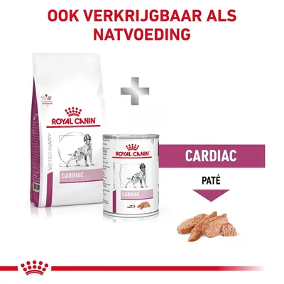 Royal Canin Cardiac droog- en natvoer voor honden, tekst: ook verkrijgbaar als natvoeding, CARDIAC PATÉ, verpakking en paté zichtbaar.