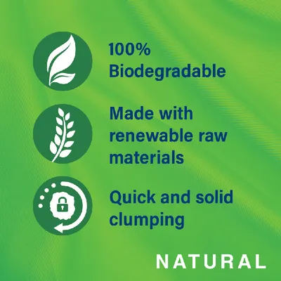 100% biodegradable, made with renewable raw materials, quick and solid clumping. Natural.