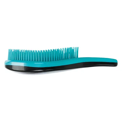 Tyrkysovo-černý kartáč s plastovými štětinami, vhodný pro péči o srst.