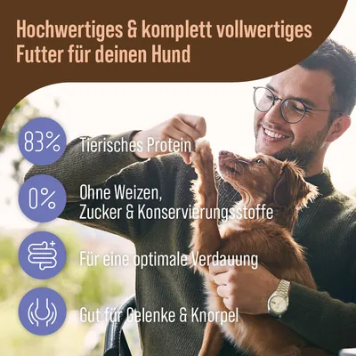 Hochwertiges & vollwertiges Hundefutter: 83% tierisches Protein, ohne Weizen, Zucker & Konservierungsstoffe, fördert Verdauung sowie Gelenke & Knorpel.