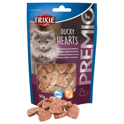 Trixie Ducky Hearts, friandises pour chat avec magret de canard et colin, 50 g. Sans sucre ajouté, sans gluten. Sachet refermable, morceaux en forme de cœur visibles.