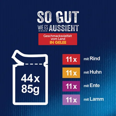 So gut wie es aussieht. Geschmacksvielfalt vom Land in Gelee: 44x85g, 11x mit Rind, 11x mit Huhn, 11x mit Ente, 11x mit Lamm.