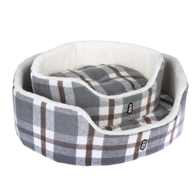 Two grey, checked pet beds with brown and white stripes, soft inner padding and Trixie logo on the outside.