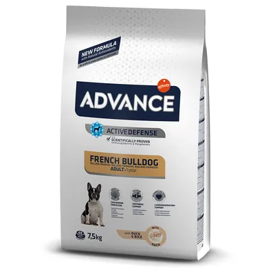 Advance cibo per cani per French Bulldog da 1 anno, 7,5 kg. Con anatra e riso, Active Defense Formula, scientificamente provato, protezione della pelle, supporto spina dorsale e cardiovascolare.