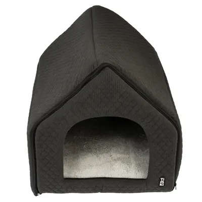 Casa per animali nera con morbido cuscino interno grigio e logo Trixie in basso a destra.