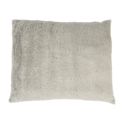 Cuscino rettangolare grigio con superficie superiore in morbido peluche.