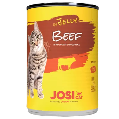 Konzerva JosiCat Beef in Jelly pre dospelé mačky, hovädzie v želé, bez obilnín, značka Josera. Viditeľné piktogramy: klimaticky neutrálna výroba, grain free.