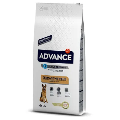 Karma Advance Active Defense German Shepherd Adult 1+ Year, z indykiem i ryżem, opakowanie 12 kg. Widoczne: zdjęcie owczarka niemieckiego, informacje o zdrowej skórze i sierści.