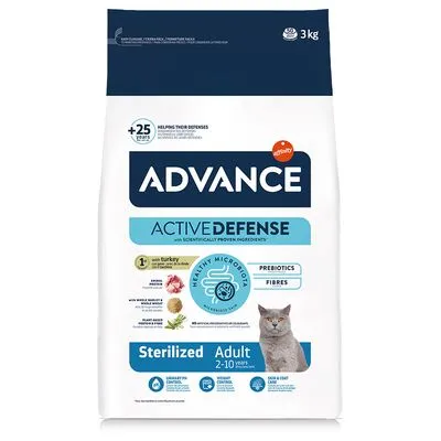 ADVANCE Active Defense Sterilized Adult kattenvoer 2–10 jaar, 3 kg. Met kalkoen, prebiotica, vezels. Afbeelding van een grijze kat op de verpakking. Zichtbare claims: gezonde microbiota.