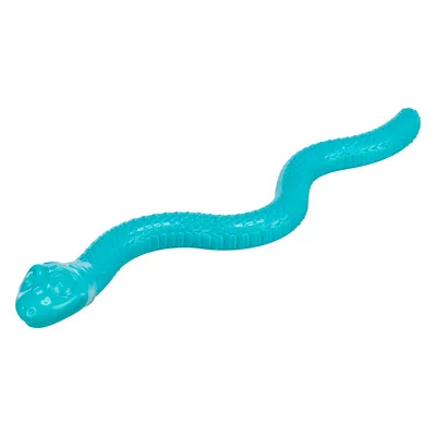 Giocattolo a forma di serpente turchese in plastica con corpo strutturato e testa modellata.