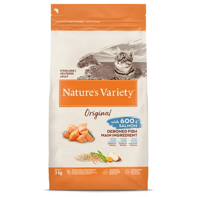 Nature's Variety Original kissanruoka steriloiduille kissoille, pääainesosa 600 g ruodoton lohi, viljan ja vihannesten kanssa, 3 kg pakkaus.
