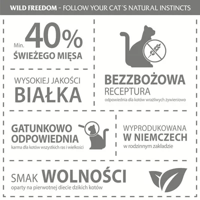 Wild Freedom – follow your cat’s natural instincts. 40% min. świeżego mięsa, wysokiej jakości białka, bezzbożowa receptura, wyprodukowana w Niemczech, smak wolności, gatunkowo odpowiednia.