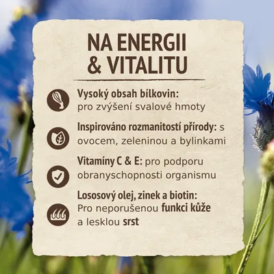 Na energii & vitalitu. Vysoký obsah bílkovin, inspirováno rozmanitostí přírody, vitamíny C & E, lososový olej, zinek a biotin pro funkci kůže a lesklou srst.