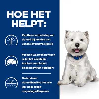 HOE HET HELPT: Zichtbare verbetering van de huid bij honden met voedselovergevoeligheid, vermindert nachtelijk krabben, ondersteunt huidbarrière tegen omgevingsallergenen.