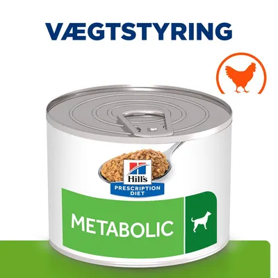 Hill's Prescription Diet METABOLIC dåsefoder med billede af hund, tekst 'VÆGTSTYRING' og ikon af kylling synligt på emballagen.