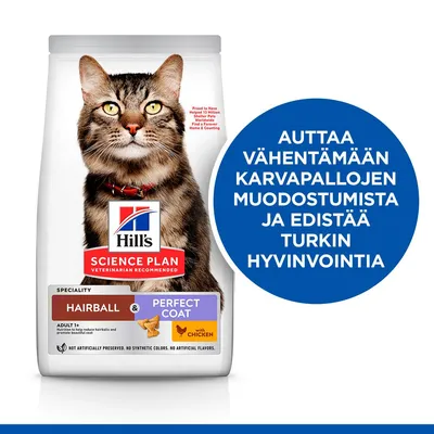Hill's Science Plan Hairball & Perfect Coat with Chicken kissanruoka. Teksti: Auttaa vähentämään karvapallojen muodostumista ja edistää turkin hyvinvointia.